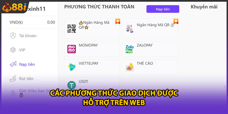 Các phương thức giao dịch được hỗ trợ trên web